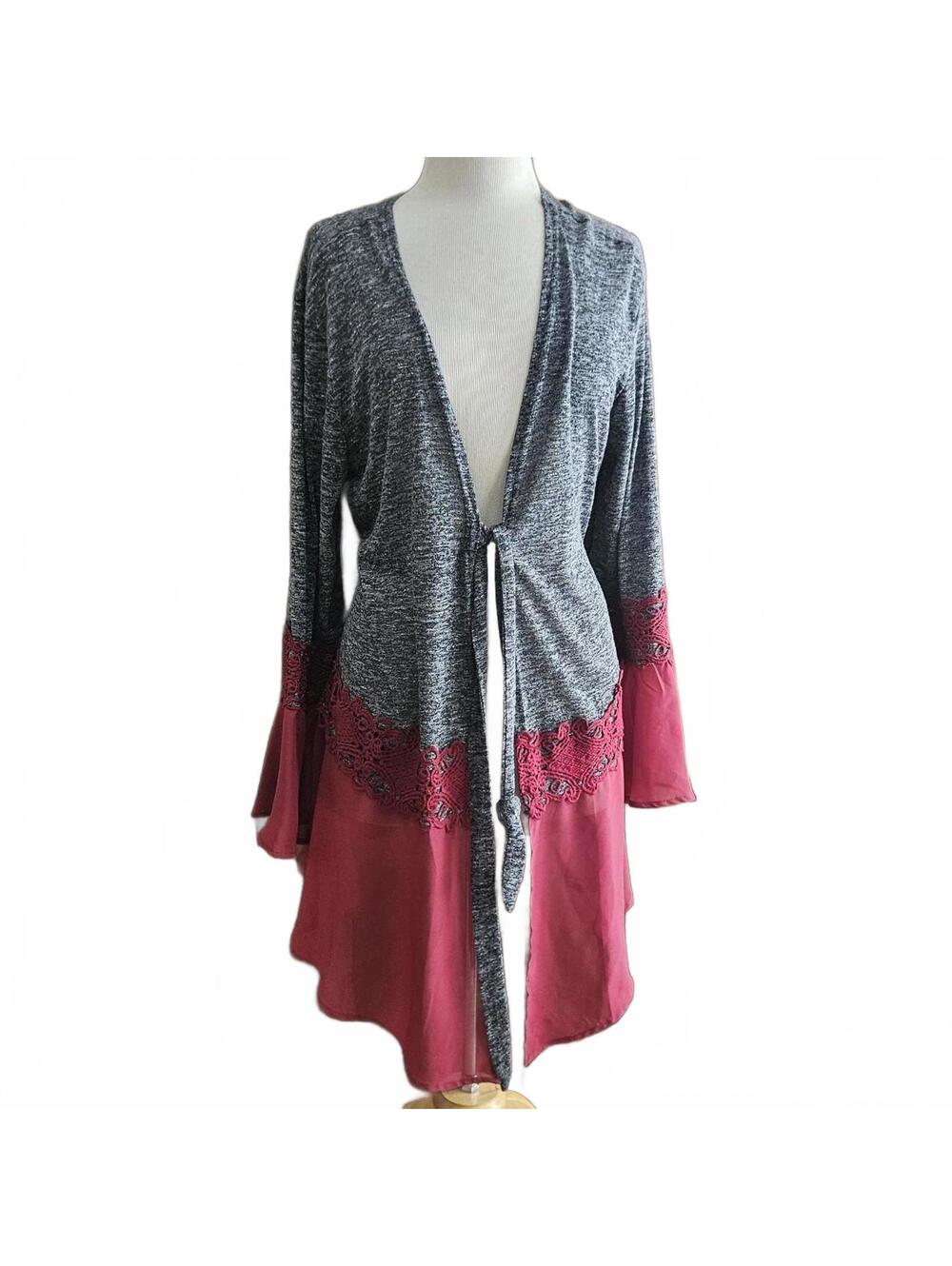 Fairy Sleeve Grey & Red Tie Cardigan 1X sz 16